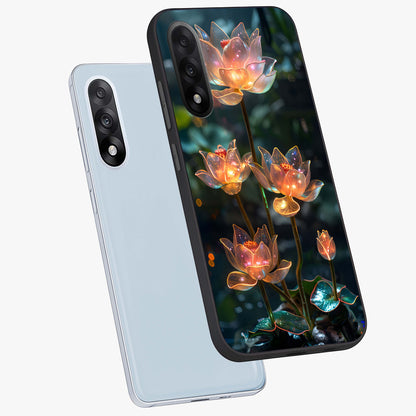 Celestial Lotus Light Glass Case for 1+Nord 5 angled mockup showcasing glossy finish and radiant celestial tones