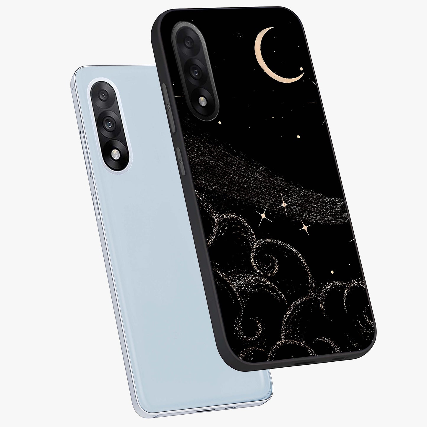 Celestial Midnight Veil Glass Case for 1+Nord 5 angled mockup showcasing glossy finish and dark celestial gradients