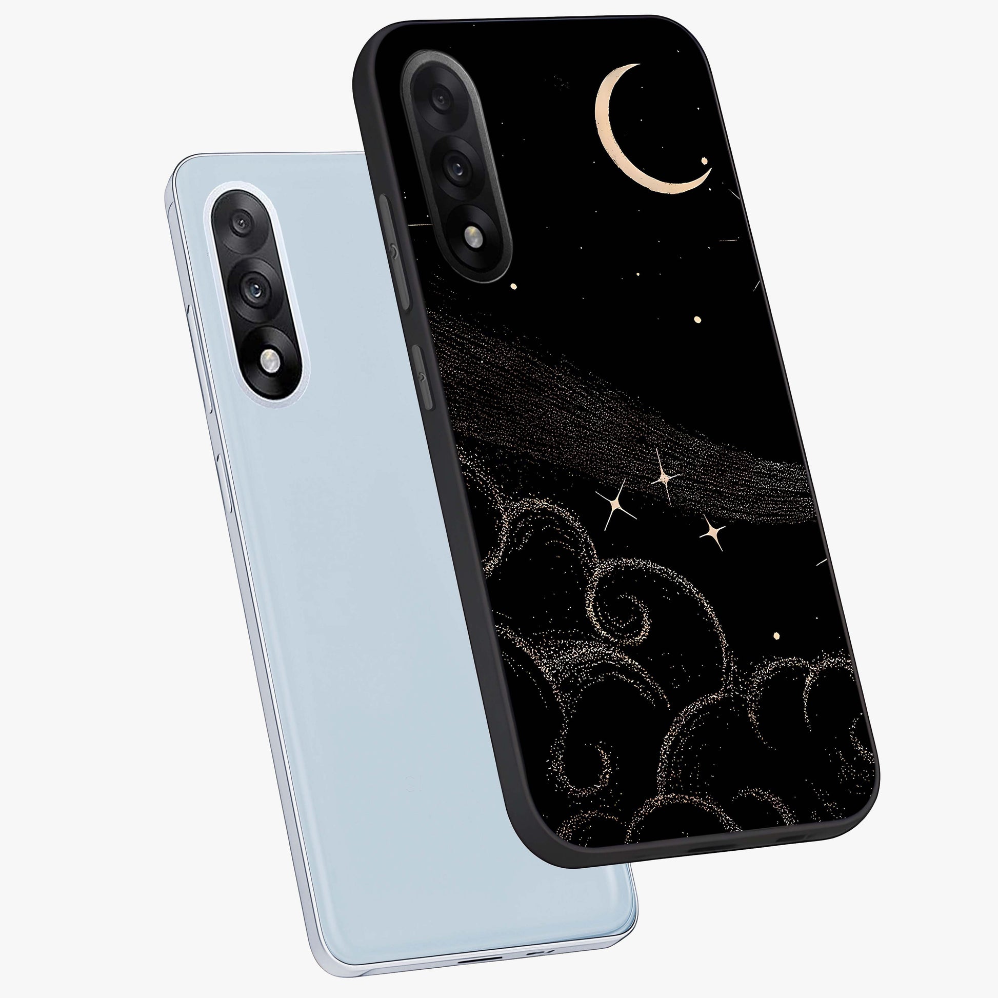 Celestial Midnight Veil Glass Case for 1+Nord 5 angled mockup showcasing glossy finish and dark celestial gradients
