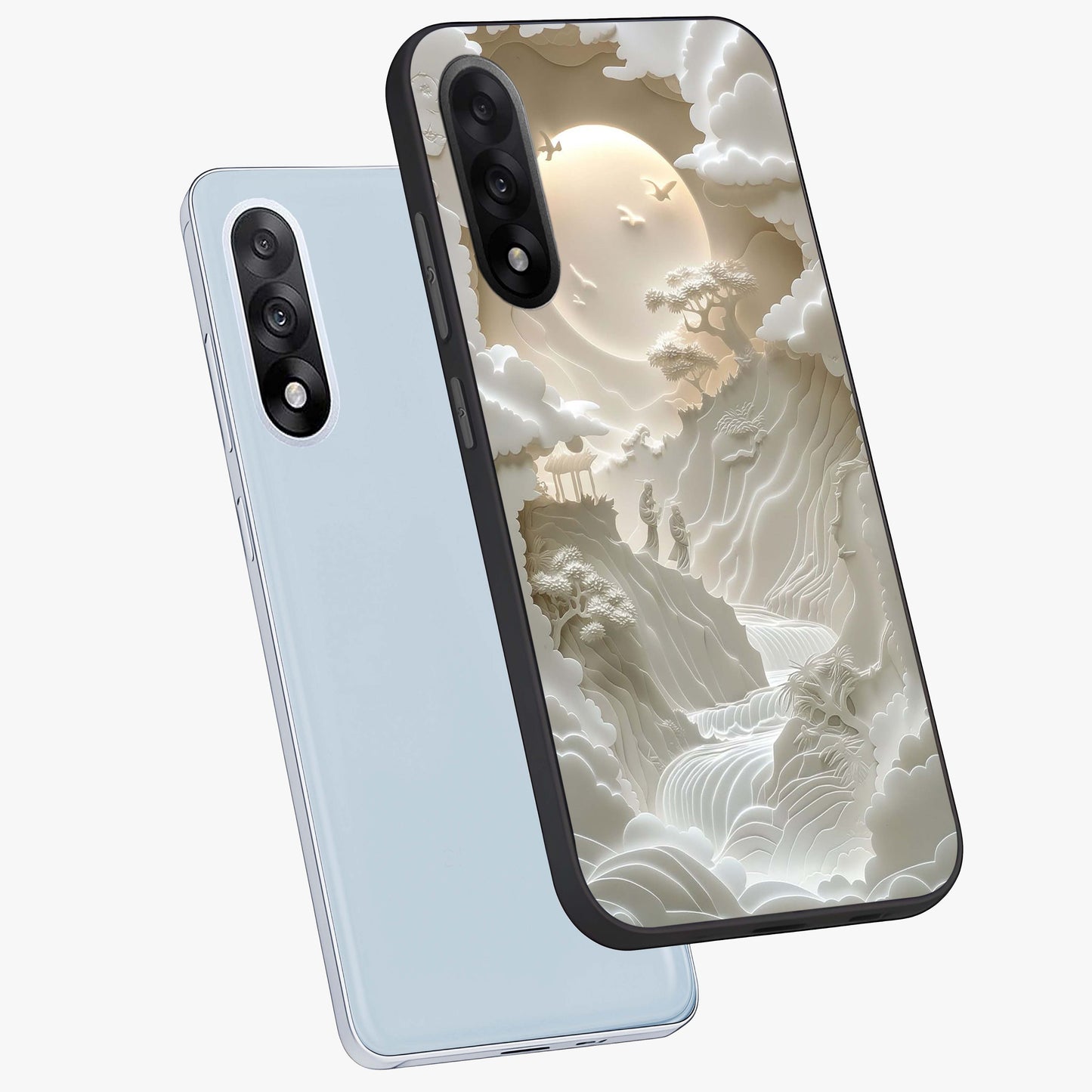 Celestial Origami Glass Case for 1+Nord 5 angled mockup showcasing glossy finish and geometric celestial design