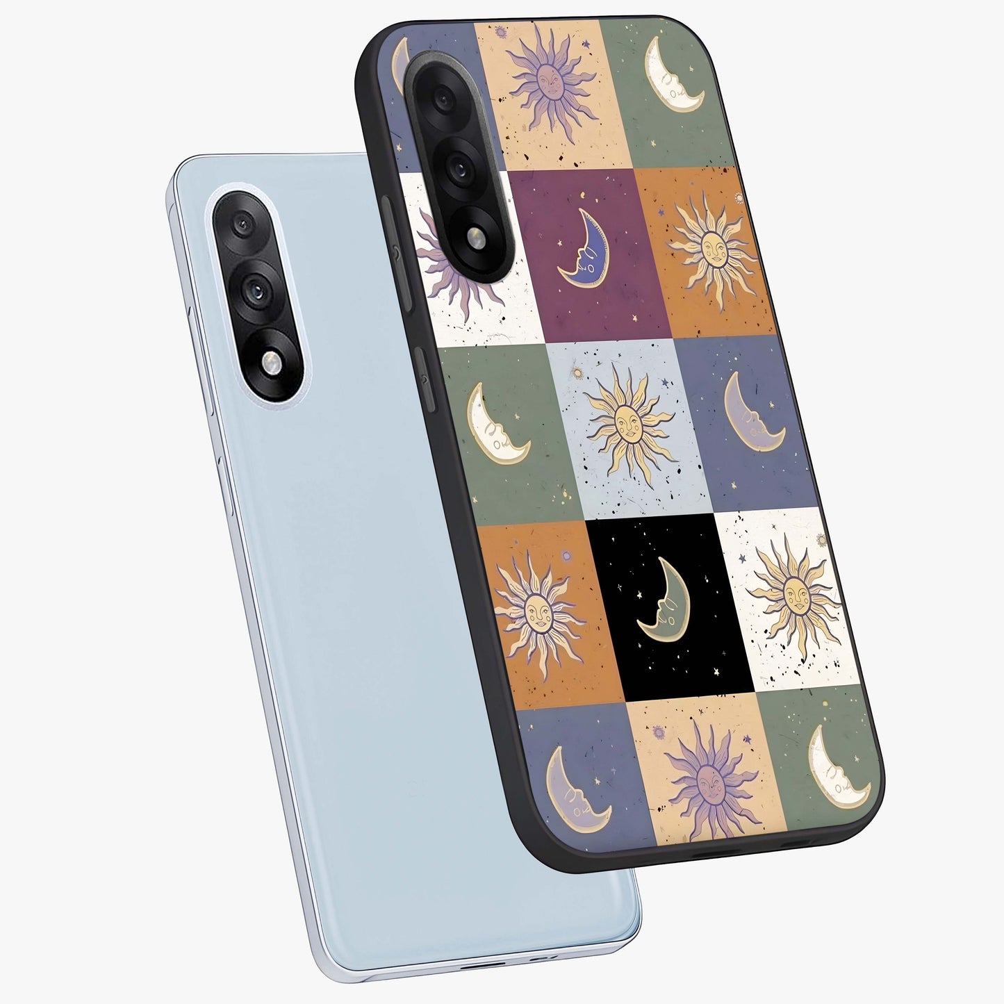 Celestial Patchwork Dreams Glass Case for 1+Nord 5 angled mockup showcasing glossy finish and layered celestial textures