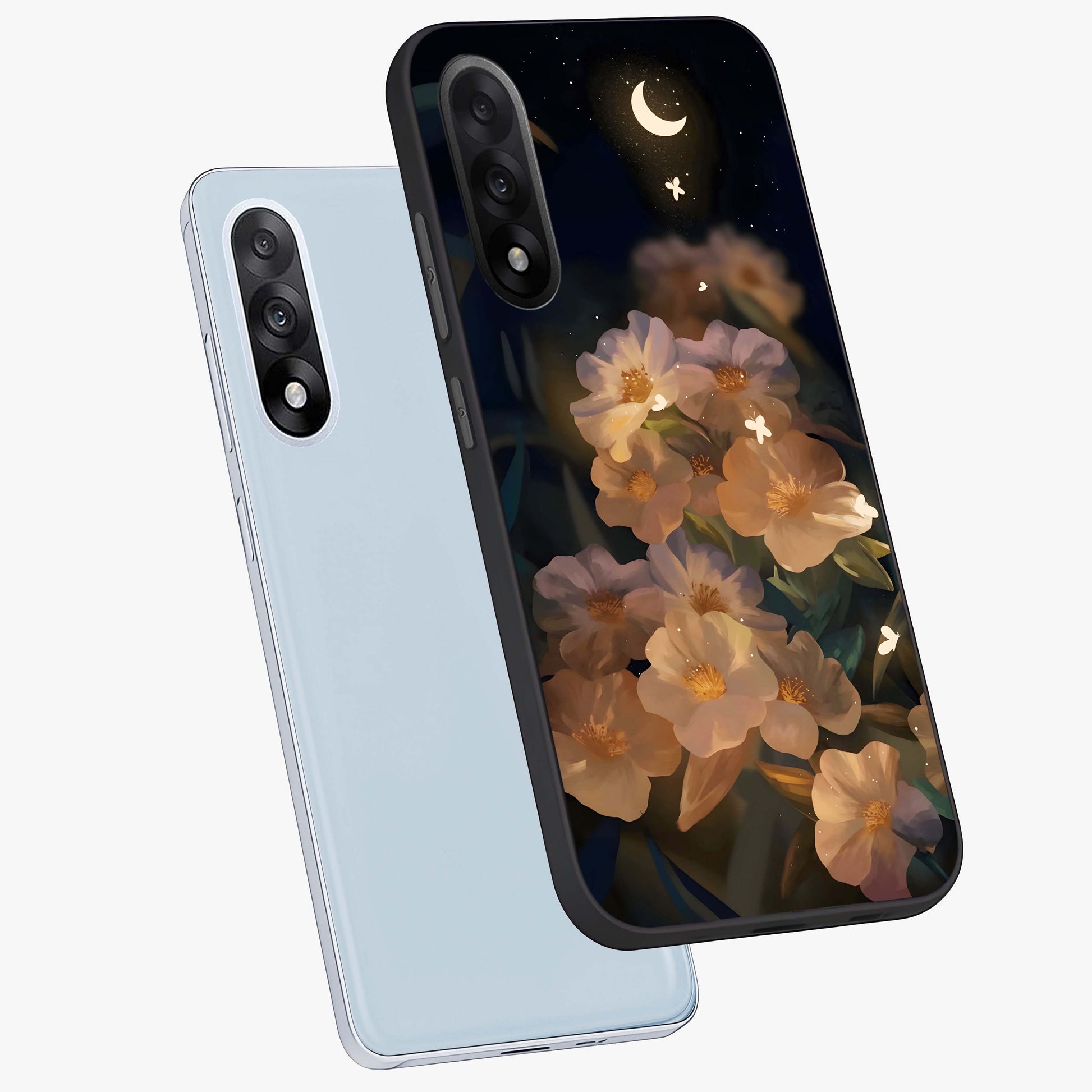 Celestial Petal Night Glass Case for 1+Nord 5 angled mockup showcasing glossy finish and glowing celestial accents