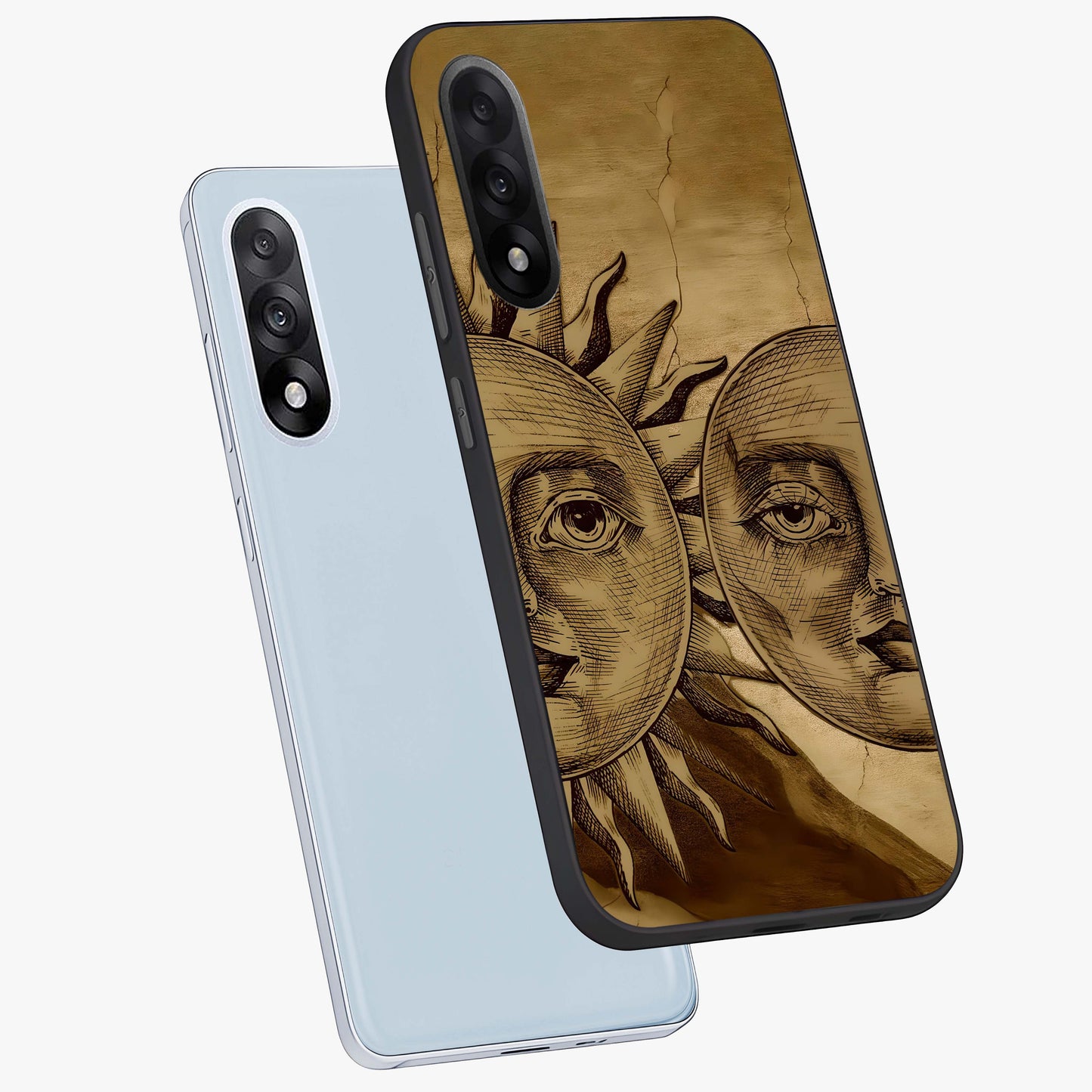 Celestial Relic Glow Glass Case for 1+Nord 5 angled mockup showcasing glossy finish and radiant glow detailing