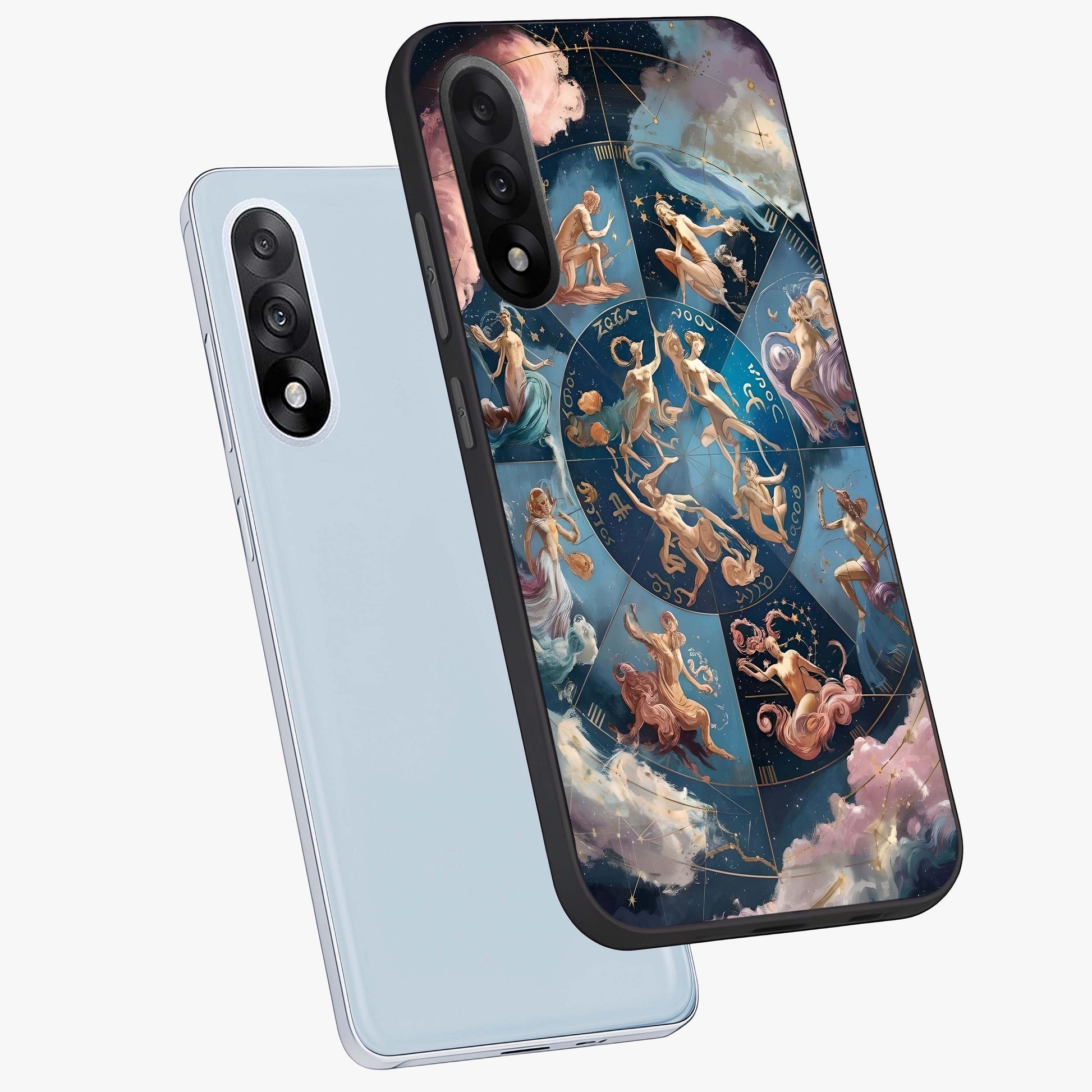 Celestial Signs Dance Glass Case for 1+Nord 5 angled mockup showcasing glossy finish and cosmic sign detailing