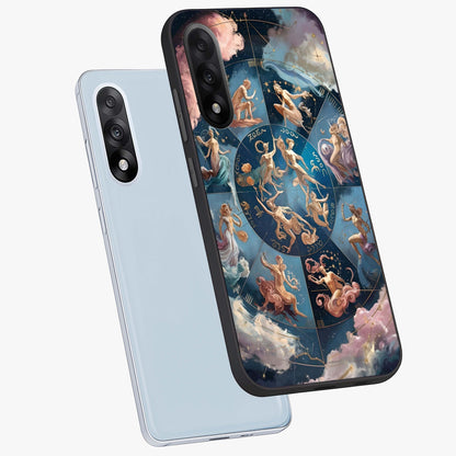 Celestial Signs Dance Glass Case for 1+Nord 5 angled mockup showcasing glossy finish and cosmic sign detailing