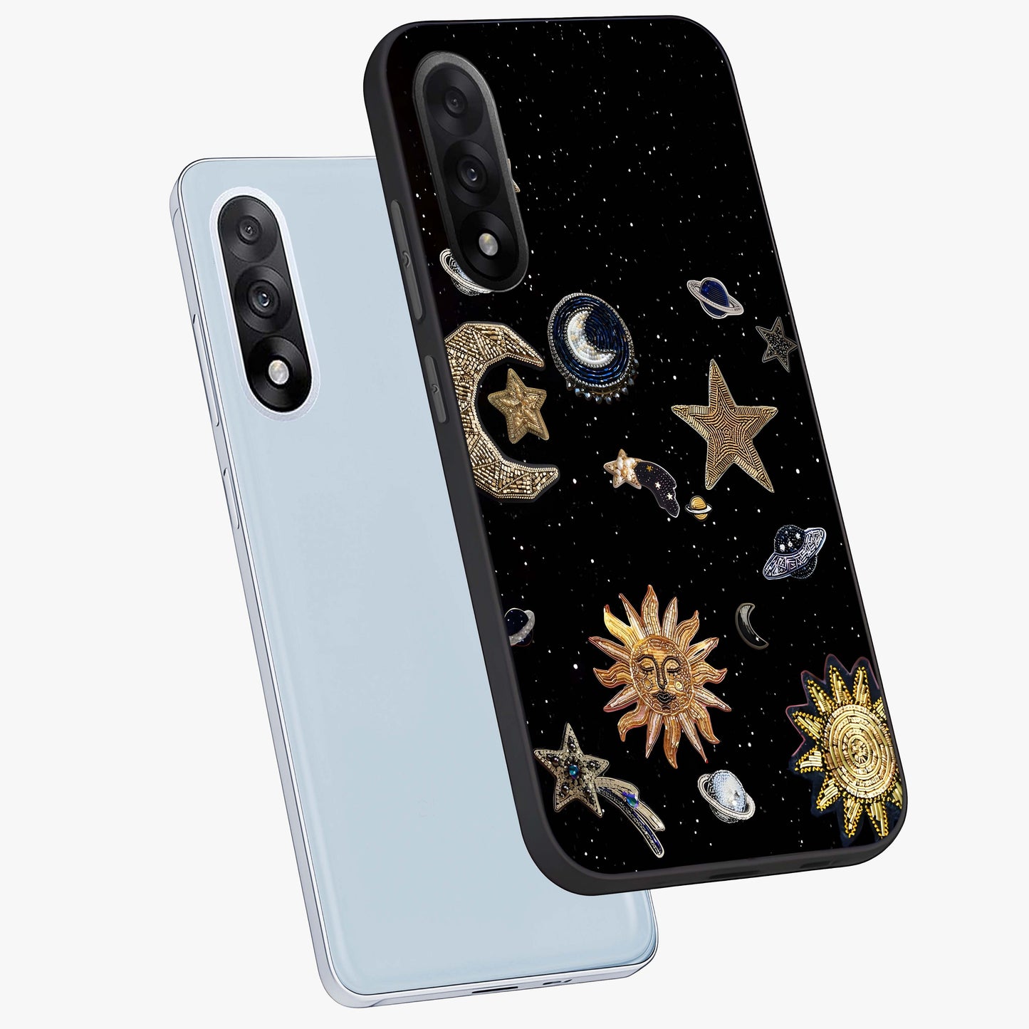 Celestial Star Charm Glass Case for 1+Nord 5 angled mockup showcasing glossy finish and shimmering celestial tones