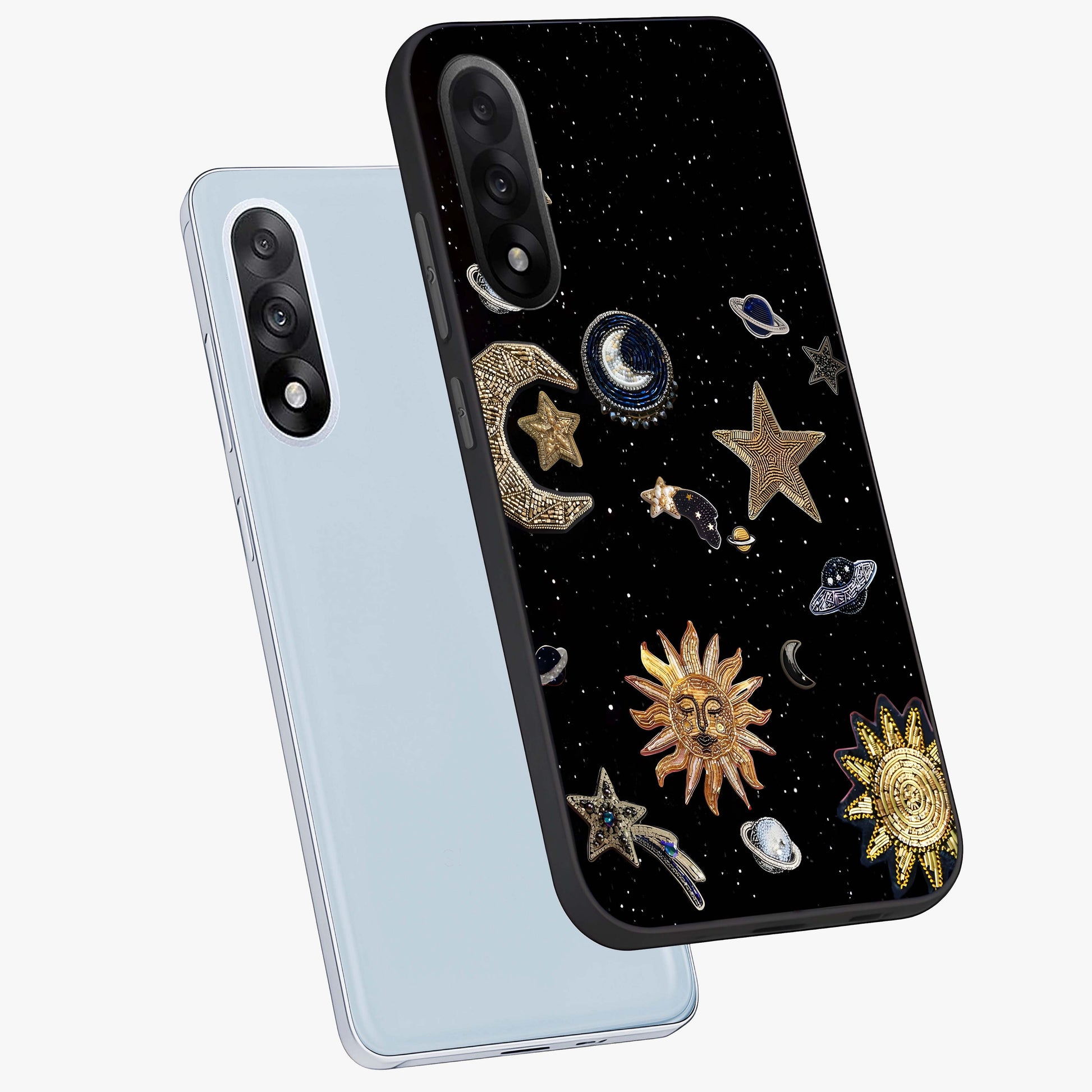 Celestial Star Charm Glass Case for 1+Nord 5 angled mockup showcasing glossy finish and shimmering celestial tones