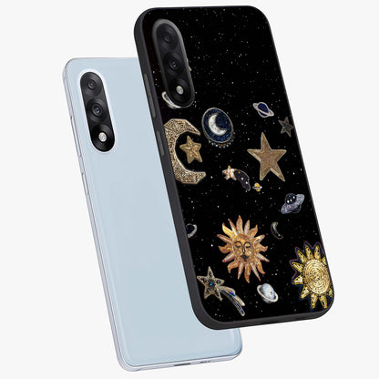 Celestial Star Charm Glass Case for 1+Nord 5 angled mockup showcasing glossy finish and shimmering celestial tones