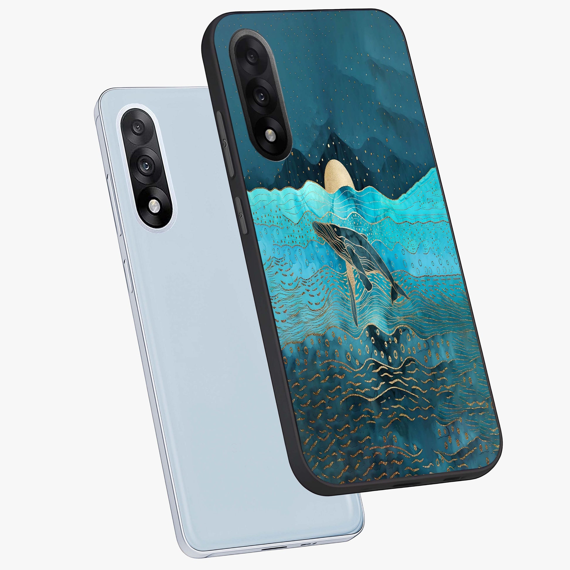 Celestial Whale Voyage Glass Case for 1+Nord 5 angled mockup showcasing glossy finish and deep celestial tones