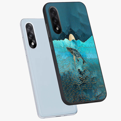 Celestial Whale Voyage Glass Case for 1+Nord 5 angled mockup showcasing glossy finish and deep celestial tones