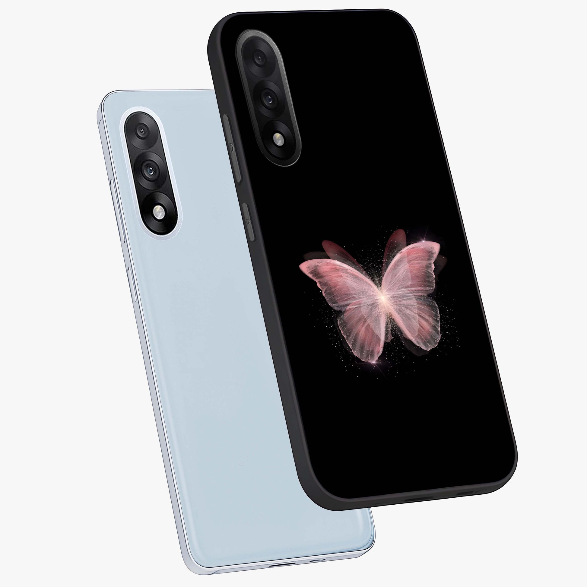 Celestial Wings Butterfly Glass Case for 1+Nord 5 angled mockup showcasing glossy finish and luminous wing detailing