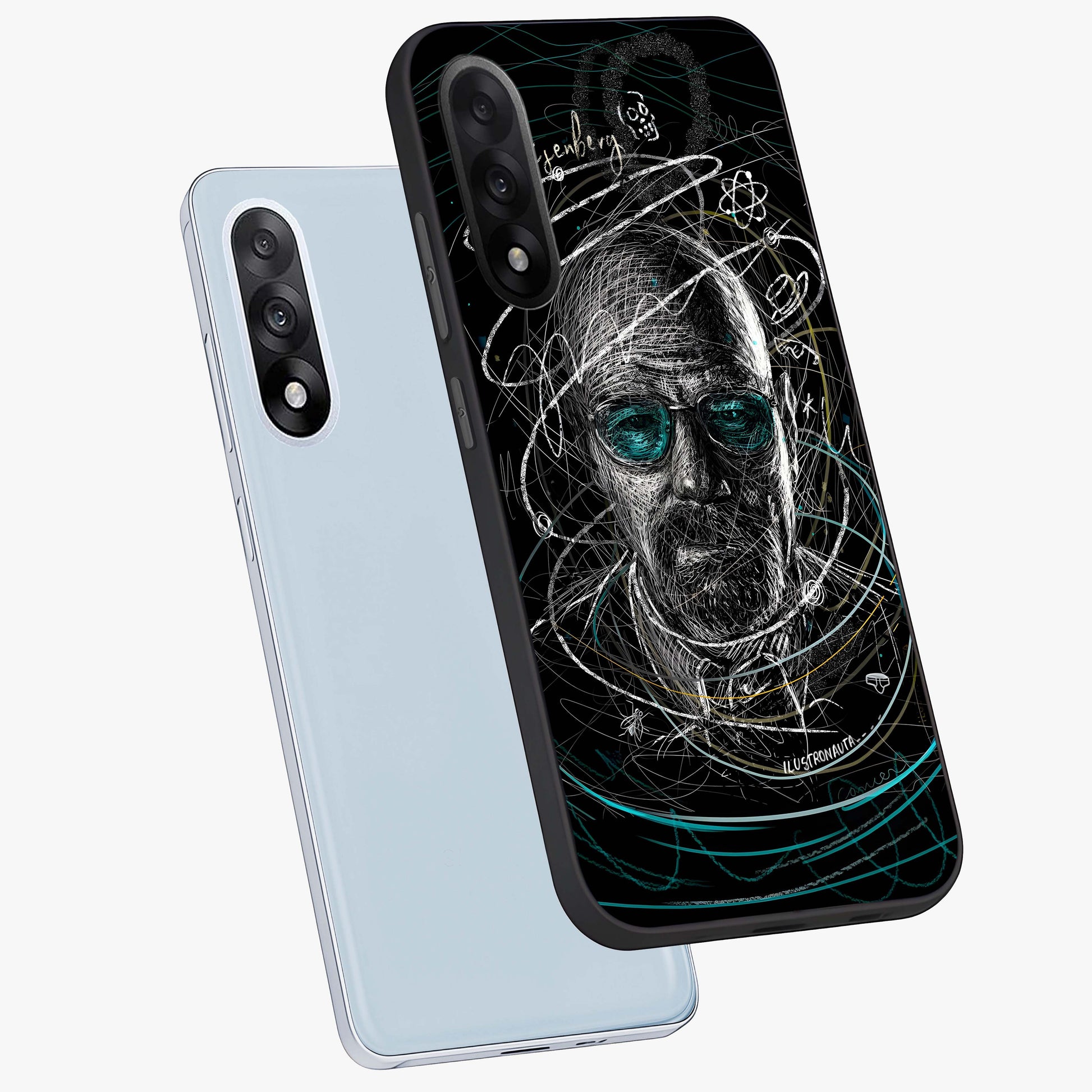 Chaotic Mind Genius Glass Case for 1+Nord 5 angled mockup showcasing glossy finish and edgy artistic design