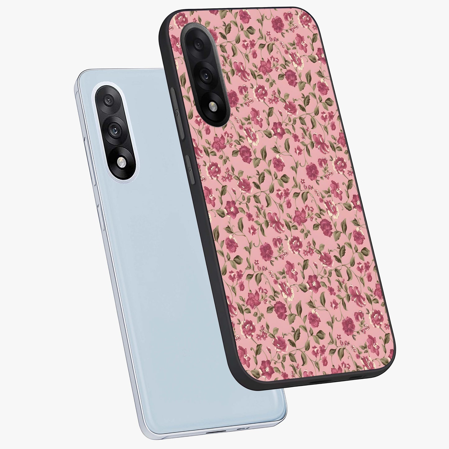 Charming Pink Floral Glass Case for 1+Nord 5 angled mockup showcasing glossy finish and elegant bloom detailing