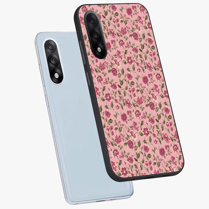 Charming Pink Floral Glass Case for 1+Nord 5 angled mockup showcasing glossy finish and elegant bloom detailing