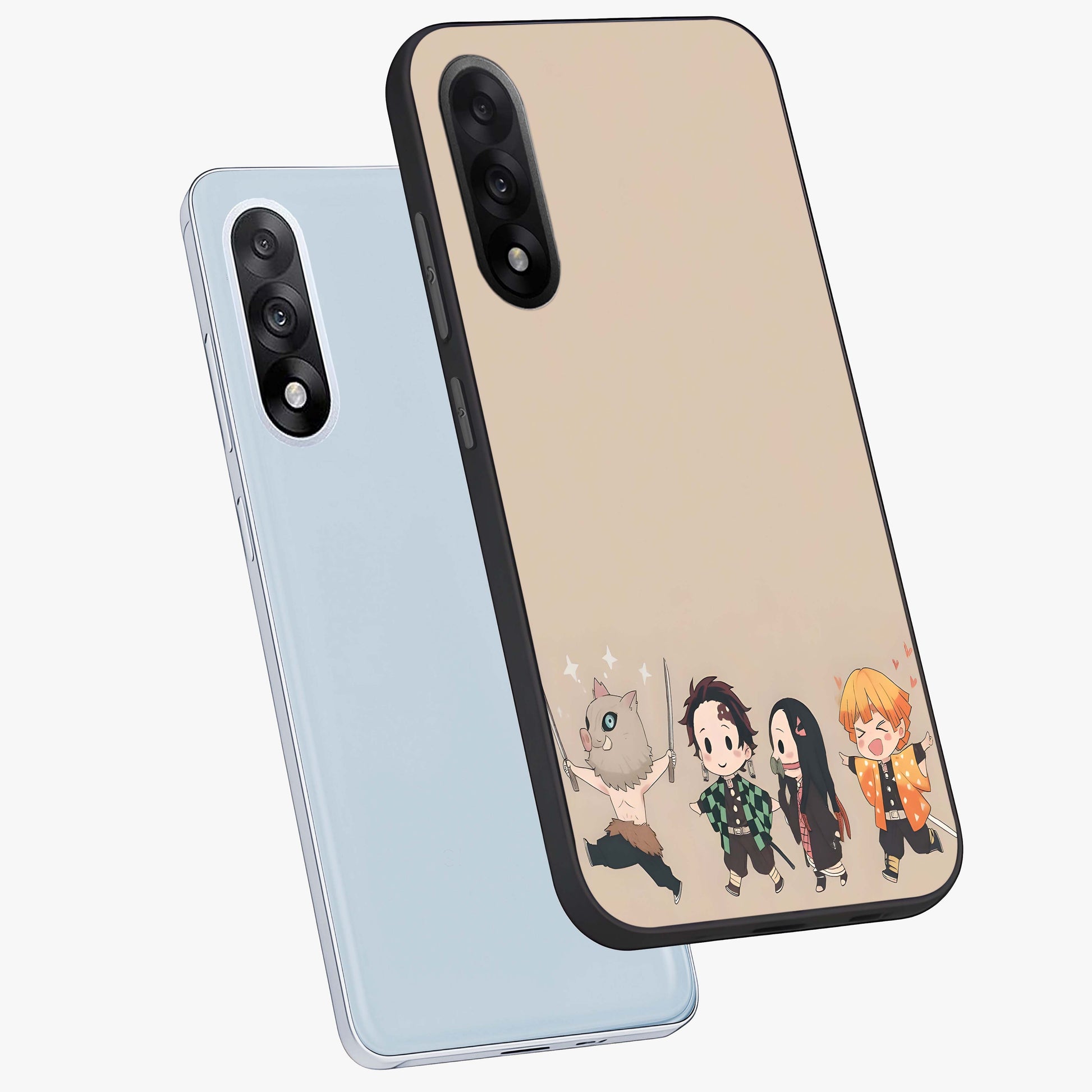 Chibi Demon Squad Glass Case for 1+Nord 5 angled mockup showcasing glossy finish and vibrant anime inspired design