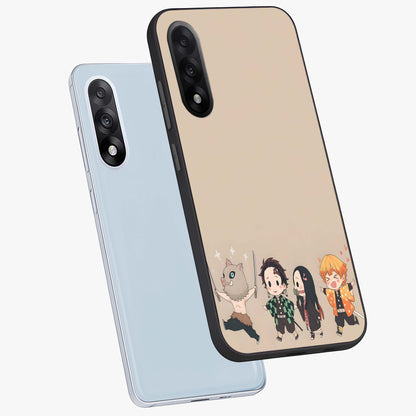 Chibi Demon Squad Glass Case for 1+Nord 5 angled mockup showcasing glossy finish and vibrant anime inspired design