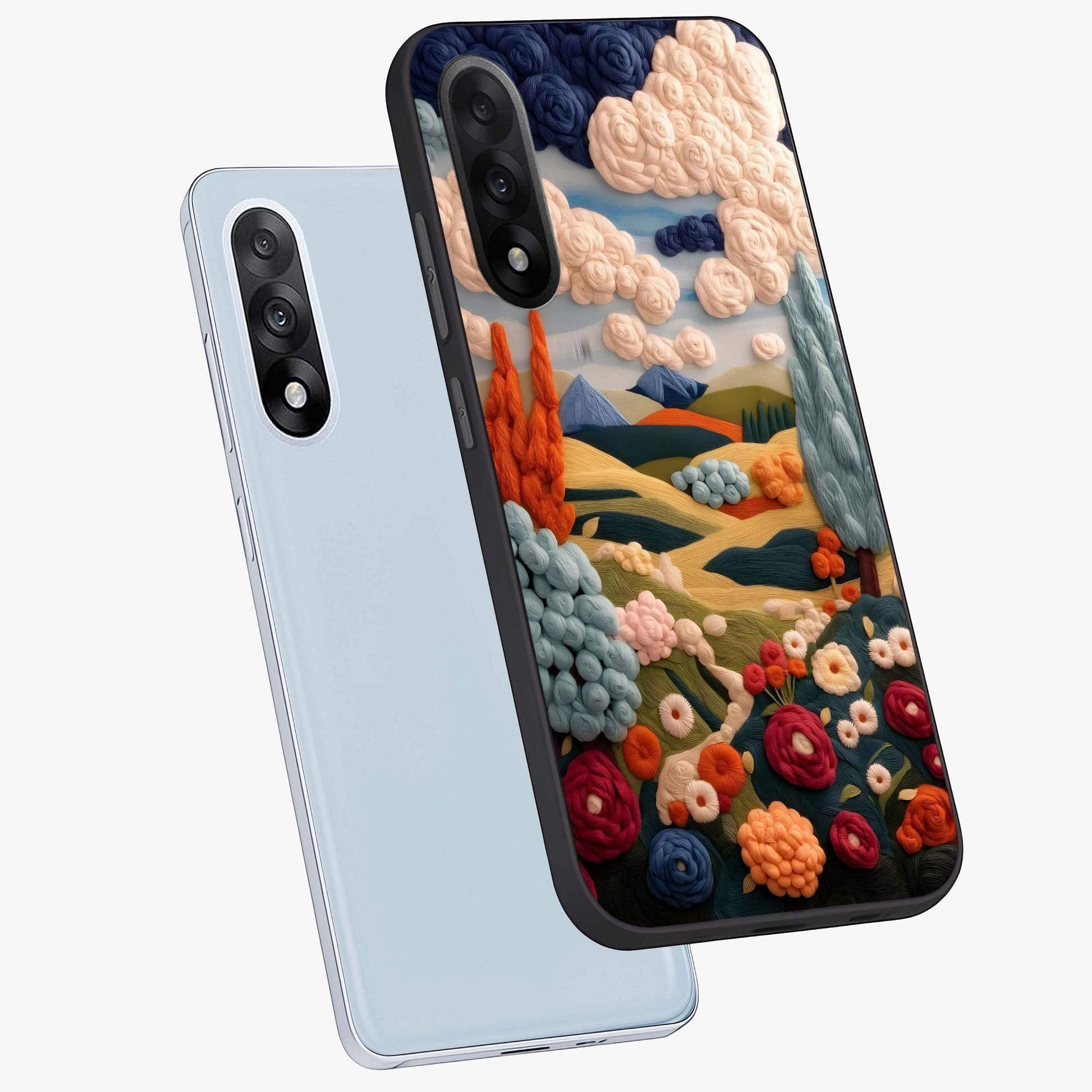 Cloud Cotton Meadows Printed Glass Case for 1+Nord 5 angled mockup showcasing glossy glass finish and airy pastel design