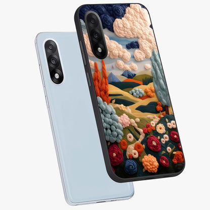 Cloud Cotton Meadows Printed Glass Case for 1+Nord 5 angled mockup showcasing glossy glass finish and airy pastel design