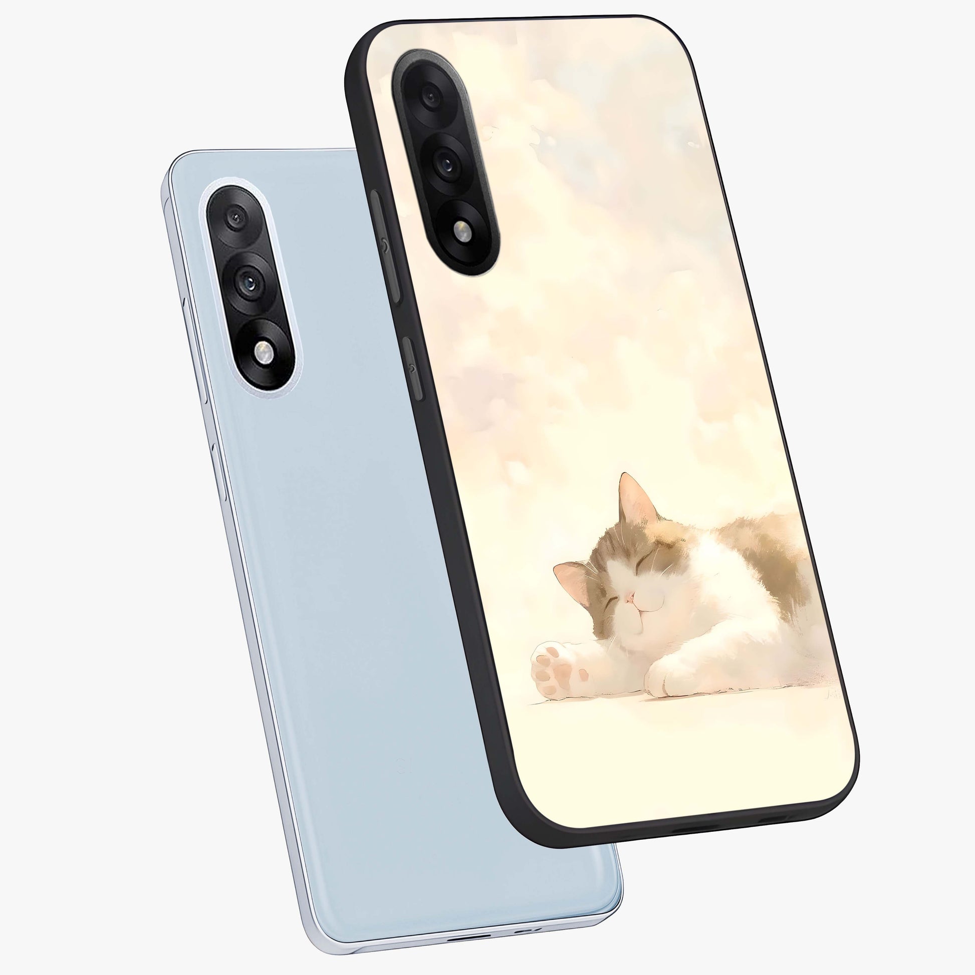 Cloud Nap Cat Glass Case for 1+Nord 5 angled mockup showcasing glossy finish and cozy pastel tones