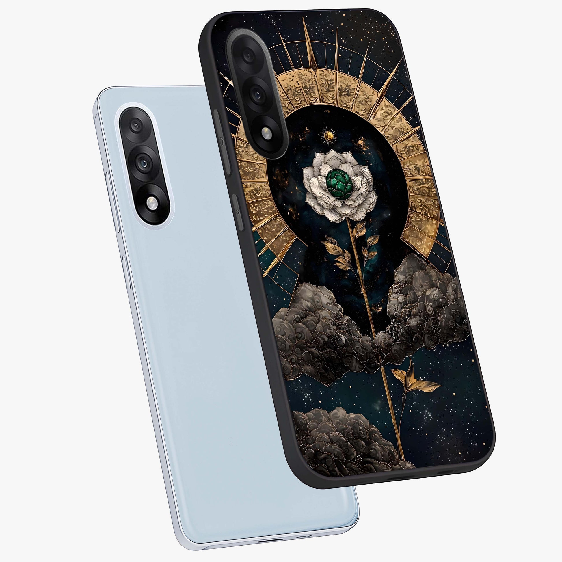 Cosmic Bloom Rose Glass Case for 1+Nord 5 angled mockup showcasing glossy finish and vibrant celestial floral tones