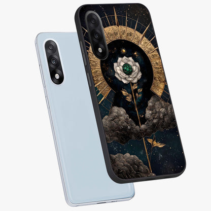 Cosmic Bloom Rose Glass Case for 1+Nord 5 angled mockup showcasing glossy finish and vibrant celestial floral tones