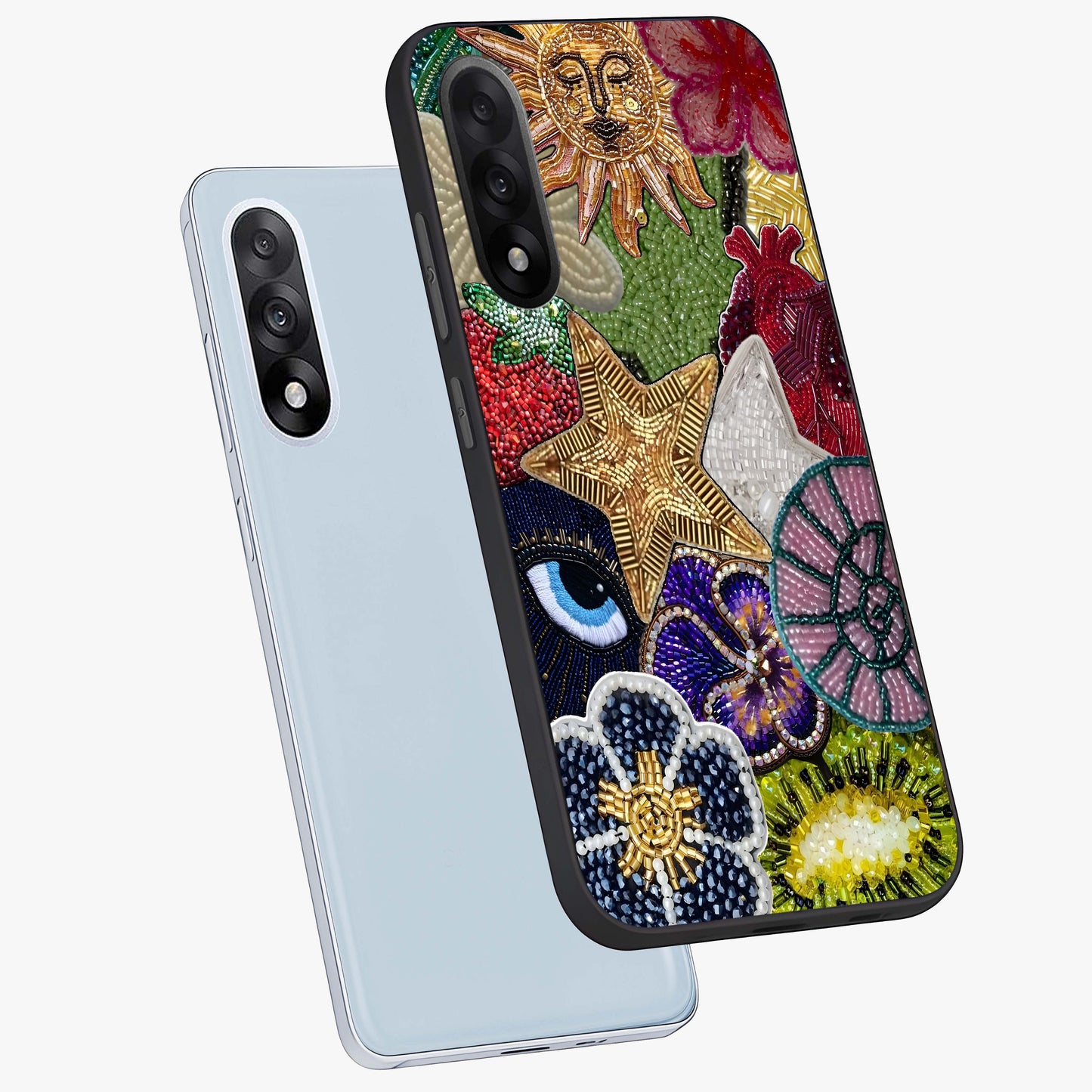 Cosmic Charm Shine Glass Case for 1+Nord 5 angled mockup showcasing glossy finish and sparkling cosmic tones