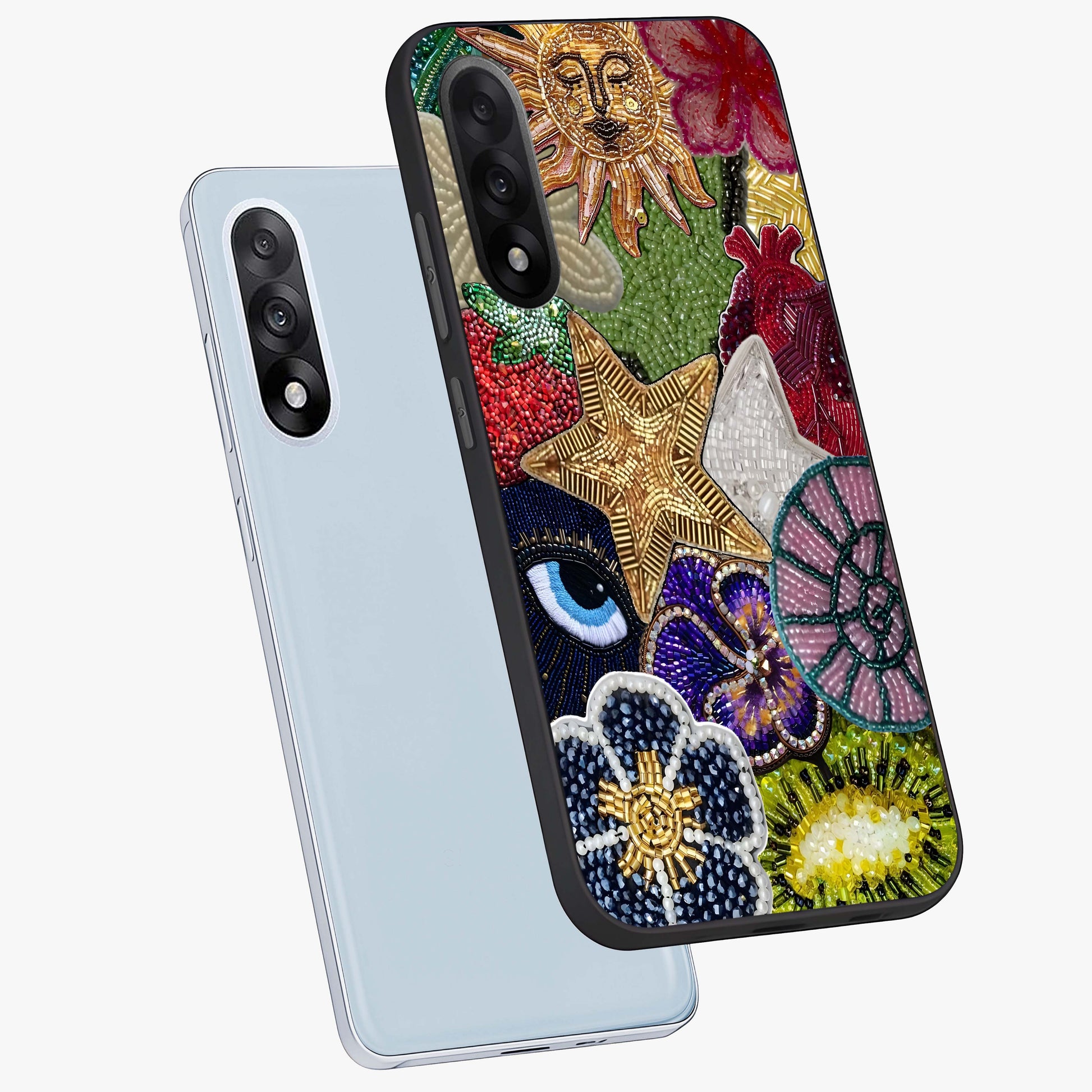 Cosmic Charm Shine Glass Case for 1+Nord 5 angled mockup showcasing glossy finish and sparkling cosmic tones