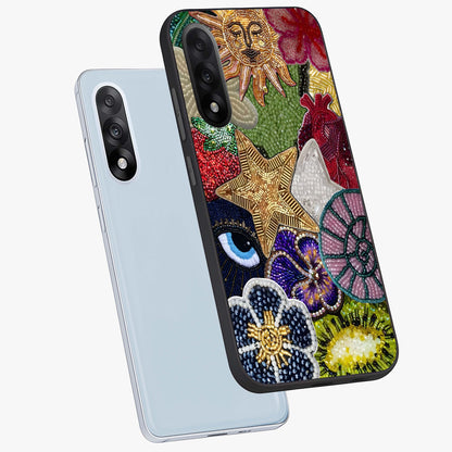 Cosmic Charm Shine Glass Case for 1+Nord 5 angled mockup showcasing glossy finish and sparkling cosmic tones