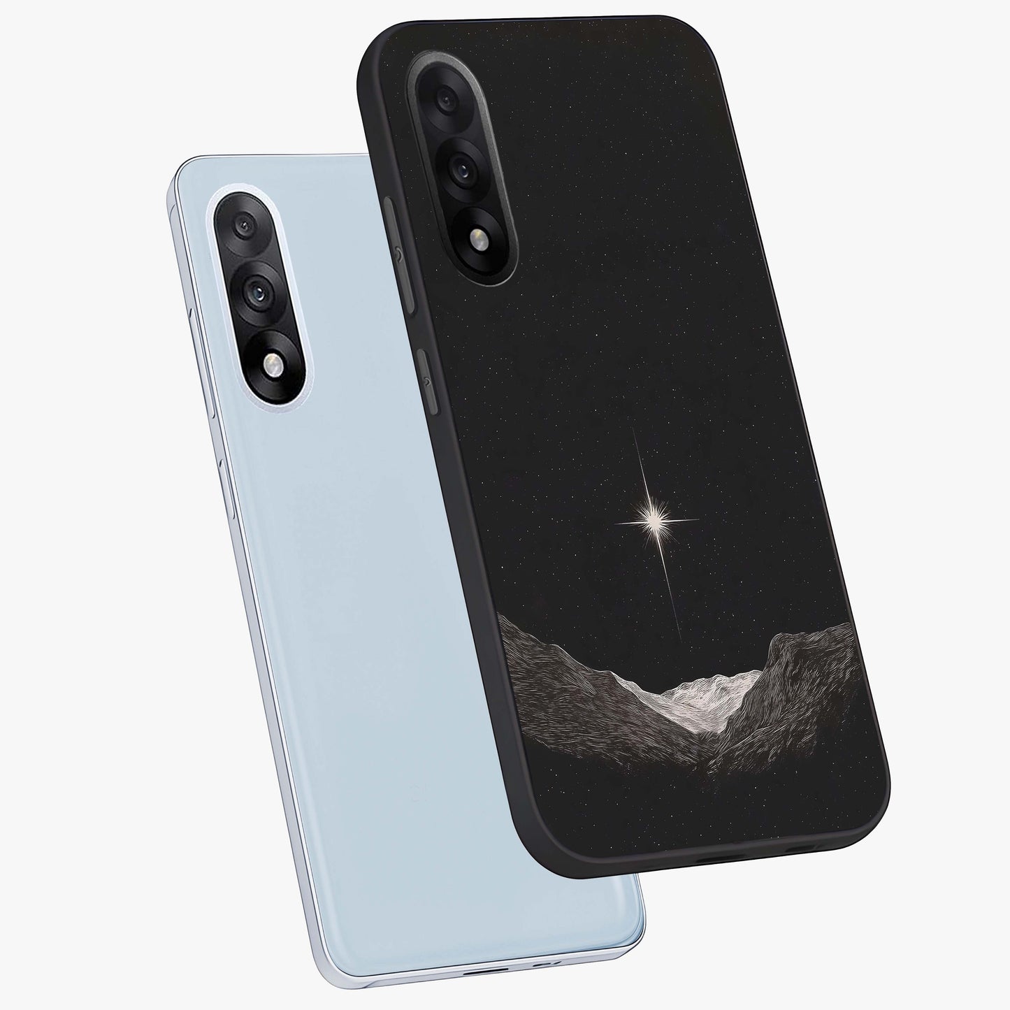 Cosmic Dream Night Glass Case for 1+Nord 5 angled mockup showcasing glossy finish and rich midnight gradients