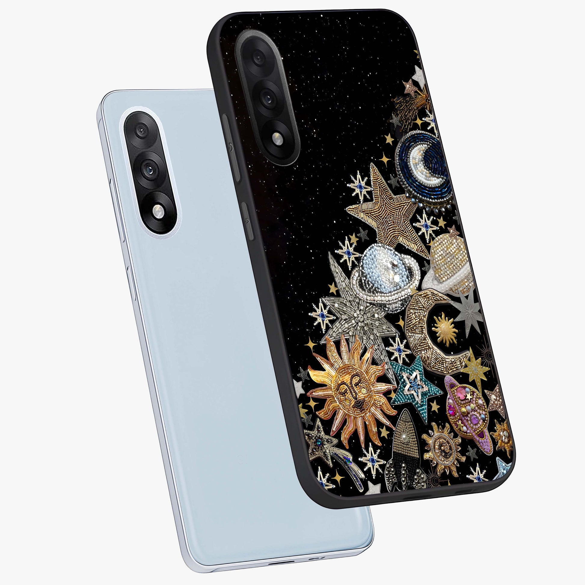 Cosmic Sparkle Dreams Glass Case for 1+Nord 5 angled mockup showcasing glossy finish and vibrant celestial glow