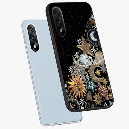 Cosmic Sparkle Dreams Glass Case for 1+Nord 5 angled mockup showcasing glossy finish and vibrant celestial glow