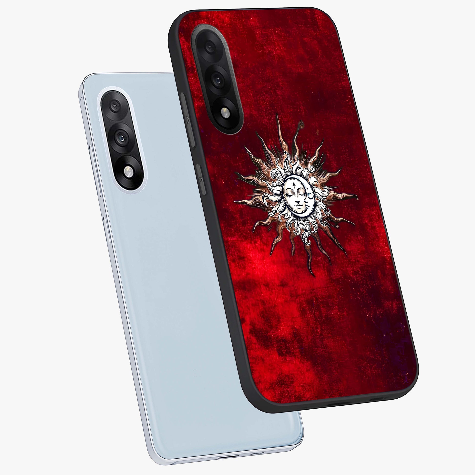 Cosmic Twin Eclipse Glass Case for 1+Nord 5 angled mockup showcasing glossy finish and bold celestial contrast