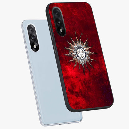 Cosmic Twin Eclipse Glass Case for 1+Nord 5 angled mockup showcasing glossy finish and bold celestial contrast