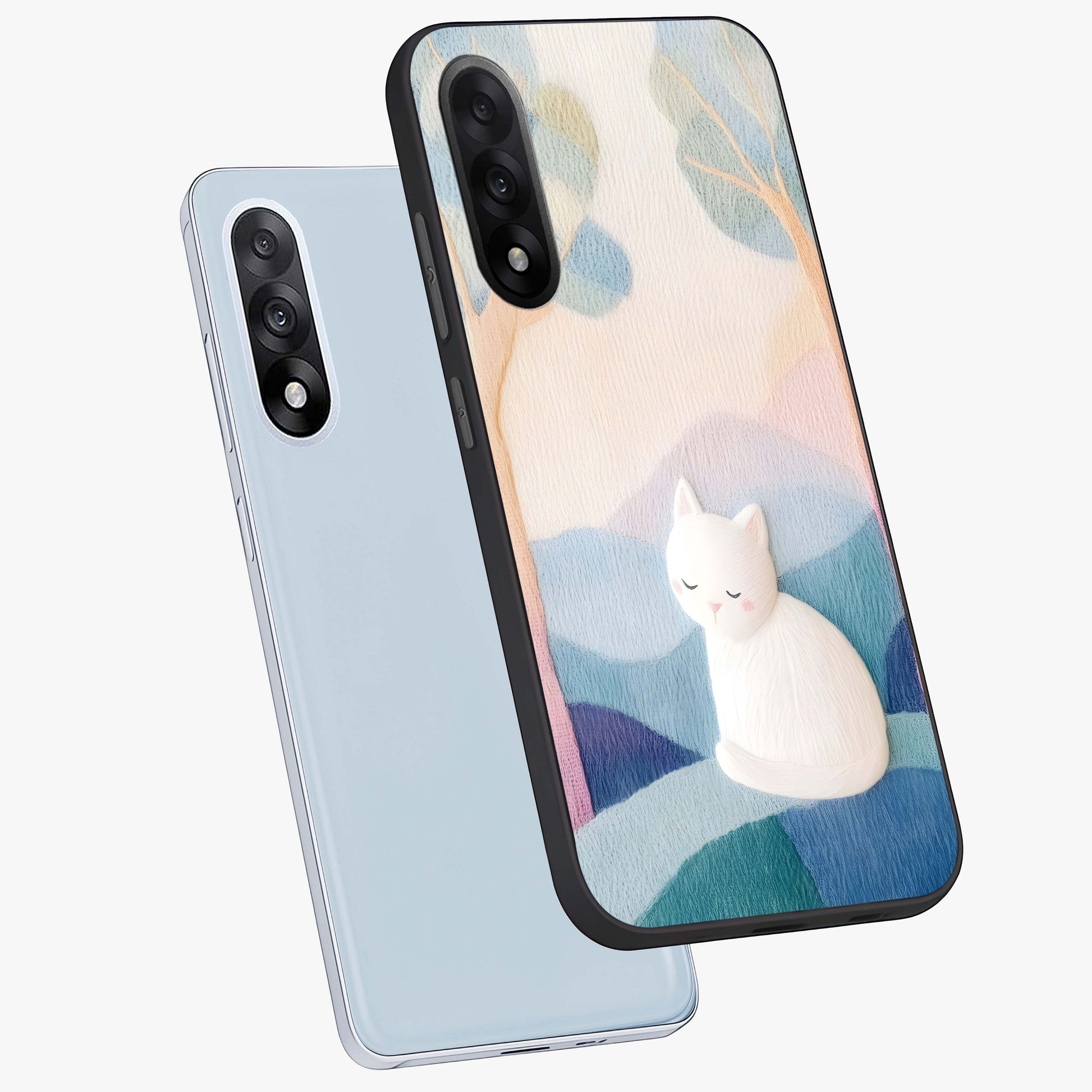 Cotton Dream Cat Glass Case for 1+Nord 5 angled mockup showcasing glossy glass finish and cozy aesthetic design