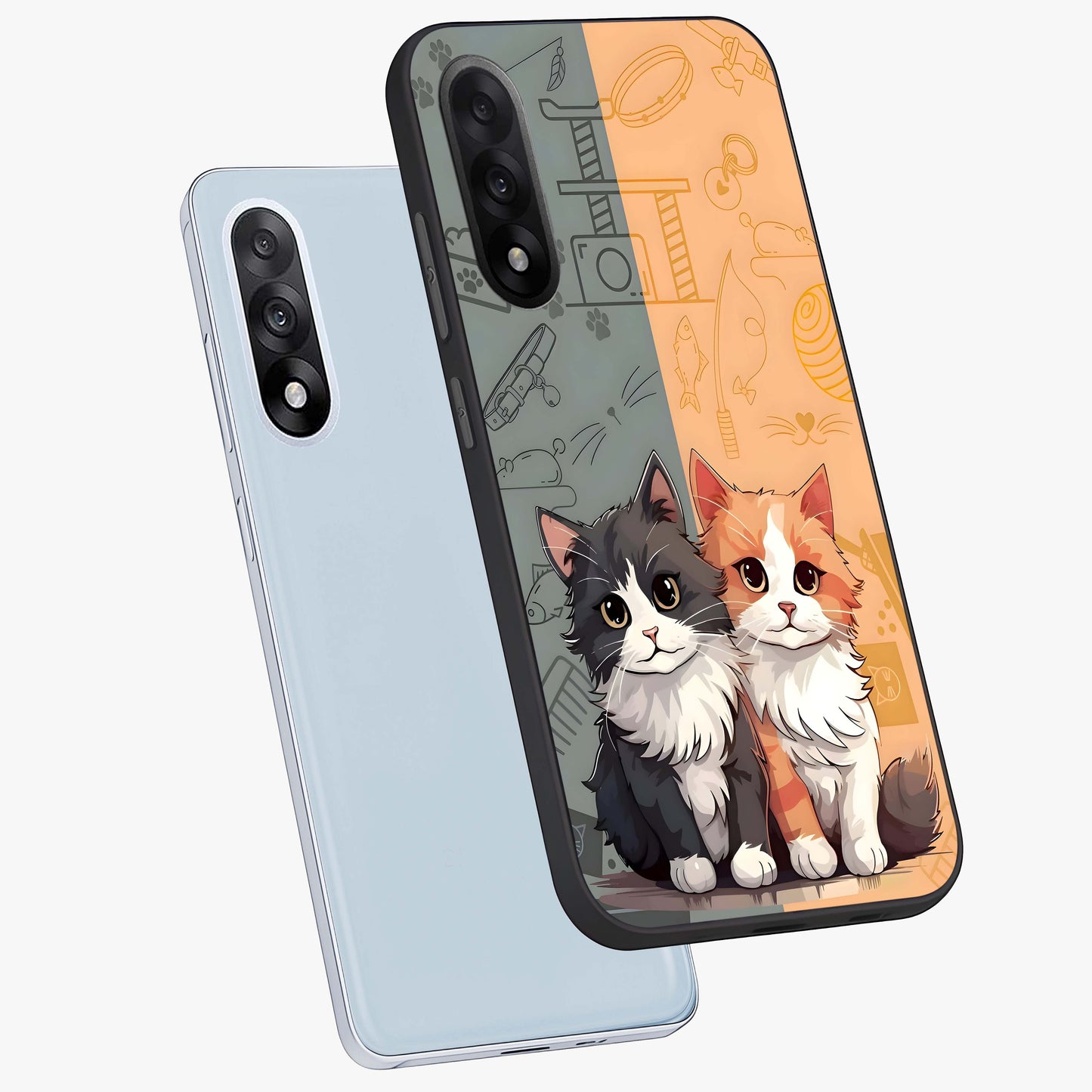 Cozy Cat Duo Glass Case for 1+Nord 5 angled mockup showcasing glossy finish and charming pastel tones