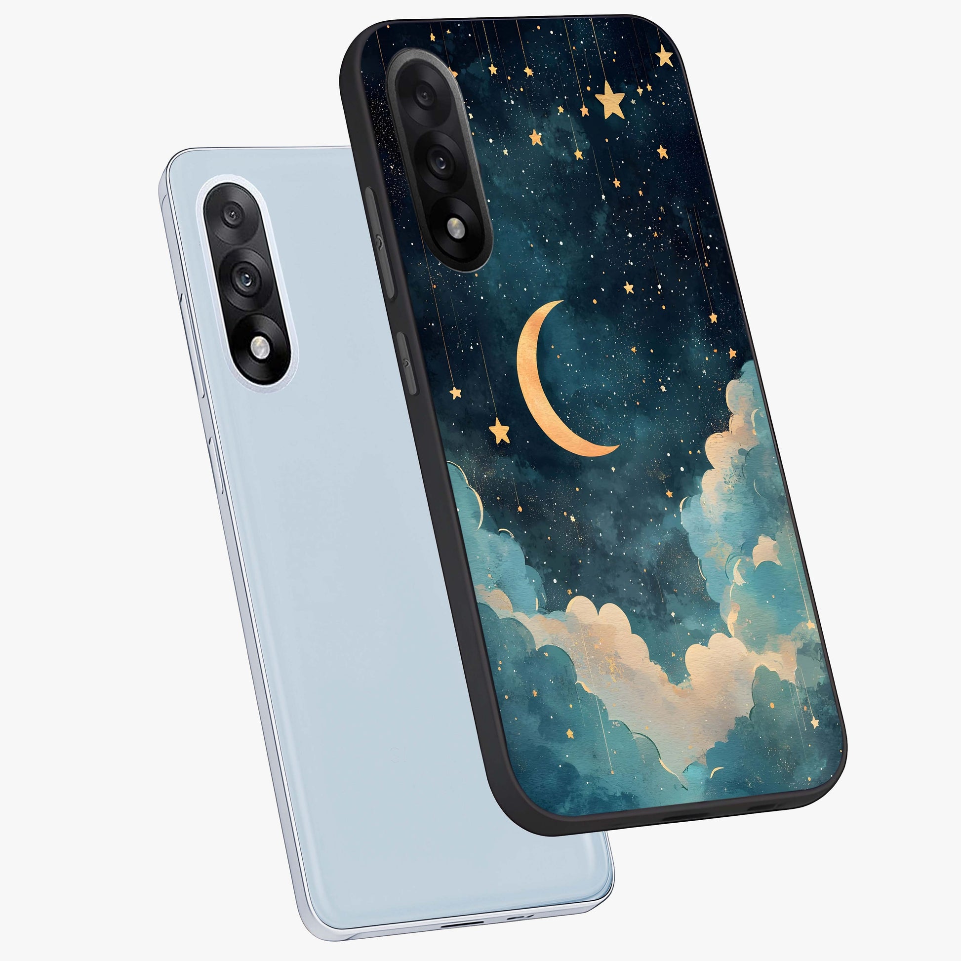 Crescent Galaxy Moon Glass Case for 1+Nord 5 angled mockup showcasing glossy finish and glowing galaxy tones