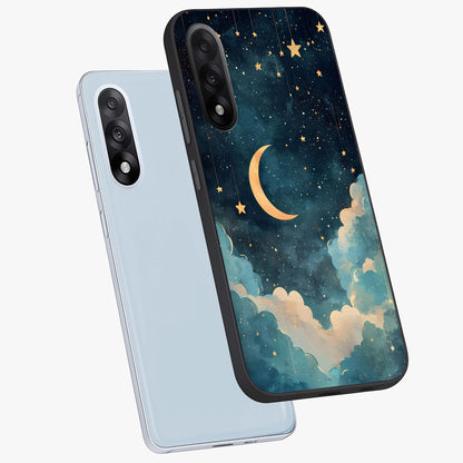 Crescent Galaxy Moon Glass Case for 1+Nord 5 angled mockup showcasing glossy finish and glowing galaxy tones