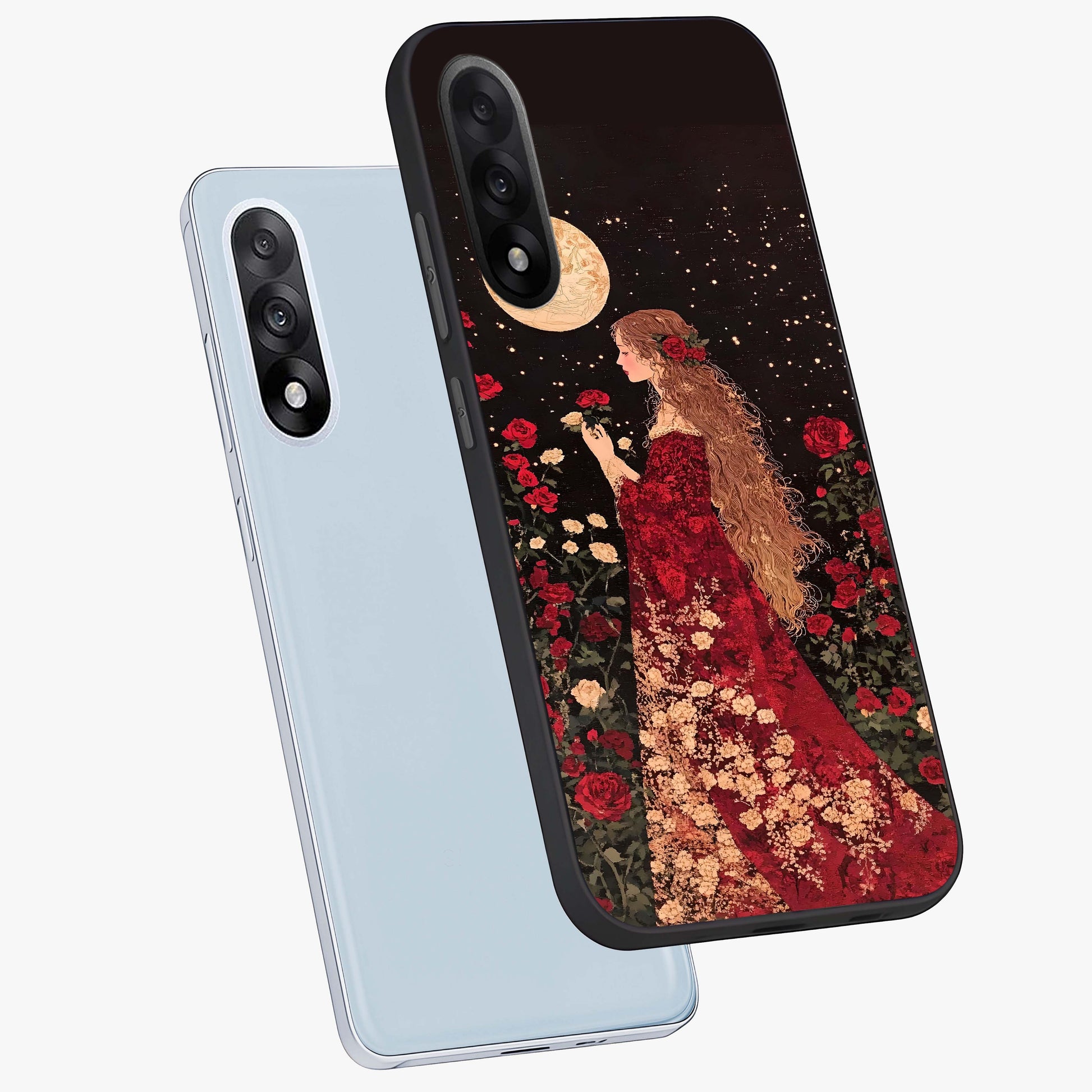 Crimson Dreams Glass Case for 1+Nord 5 angled mockup showcasing glossy finish and deep crimson gradients
