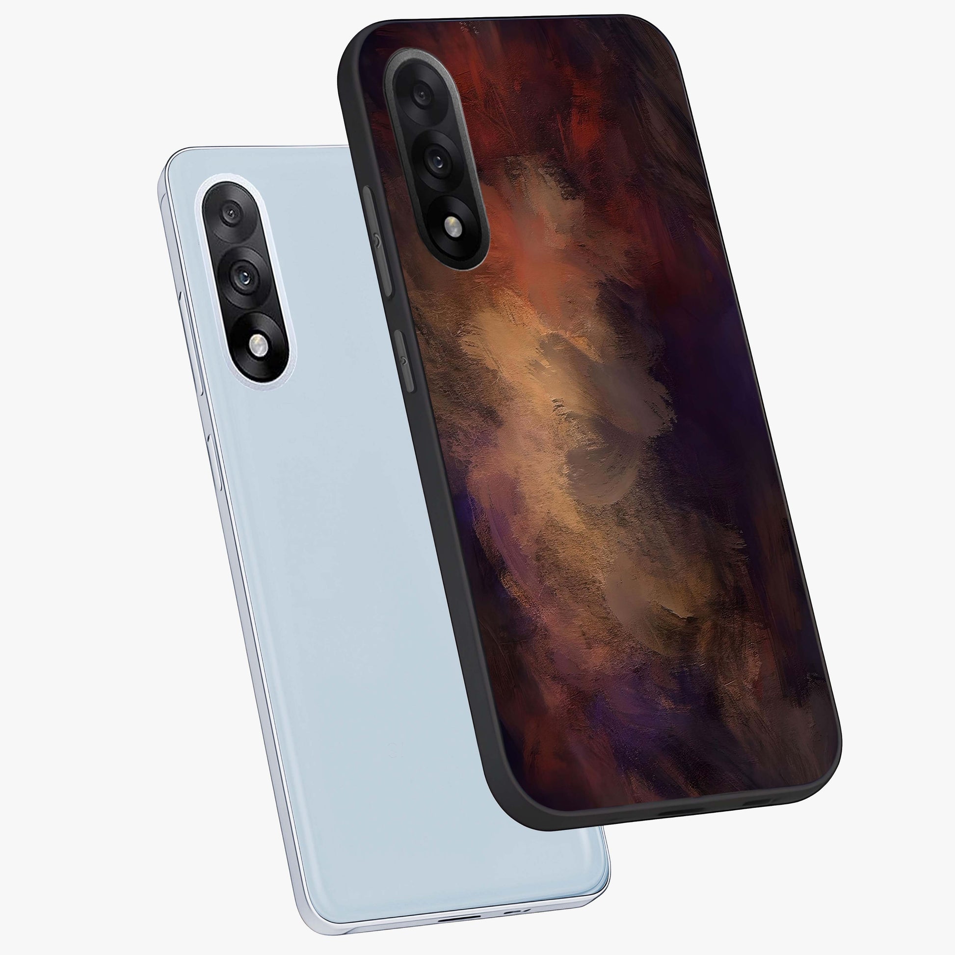 Crimson Dusk Whirl Glass Case for 1+Nord 5 angled mockup showcasing glossy finish and bold abstract motion design