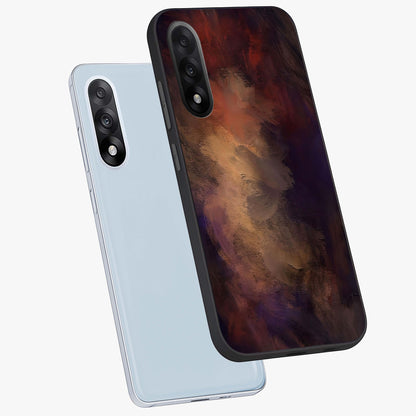 Crimson Dusk Whirl Glass Case for 1+Nord 5 angled mockup showcasing glossy finish and bold abstract motion design