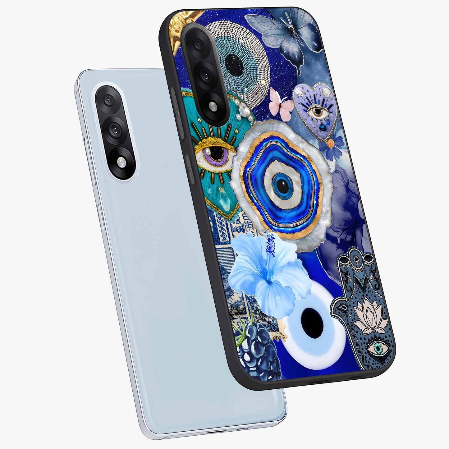 Crimson Evil Eye Charm Glass Case for 1+Nord 5 angled mockup showcasing glossy finish and vibrant symbolic detailing