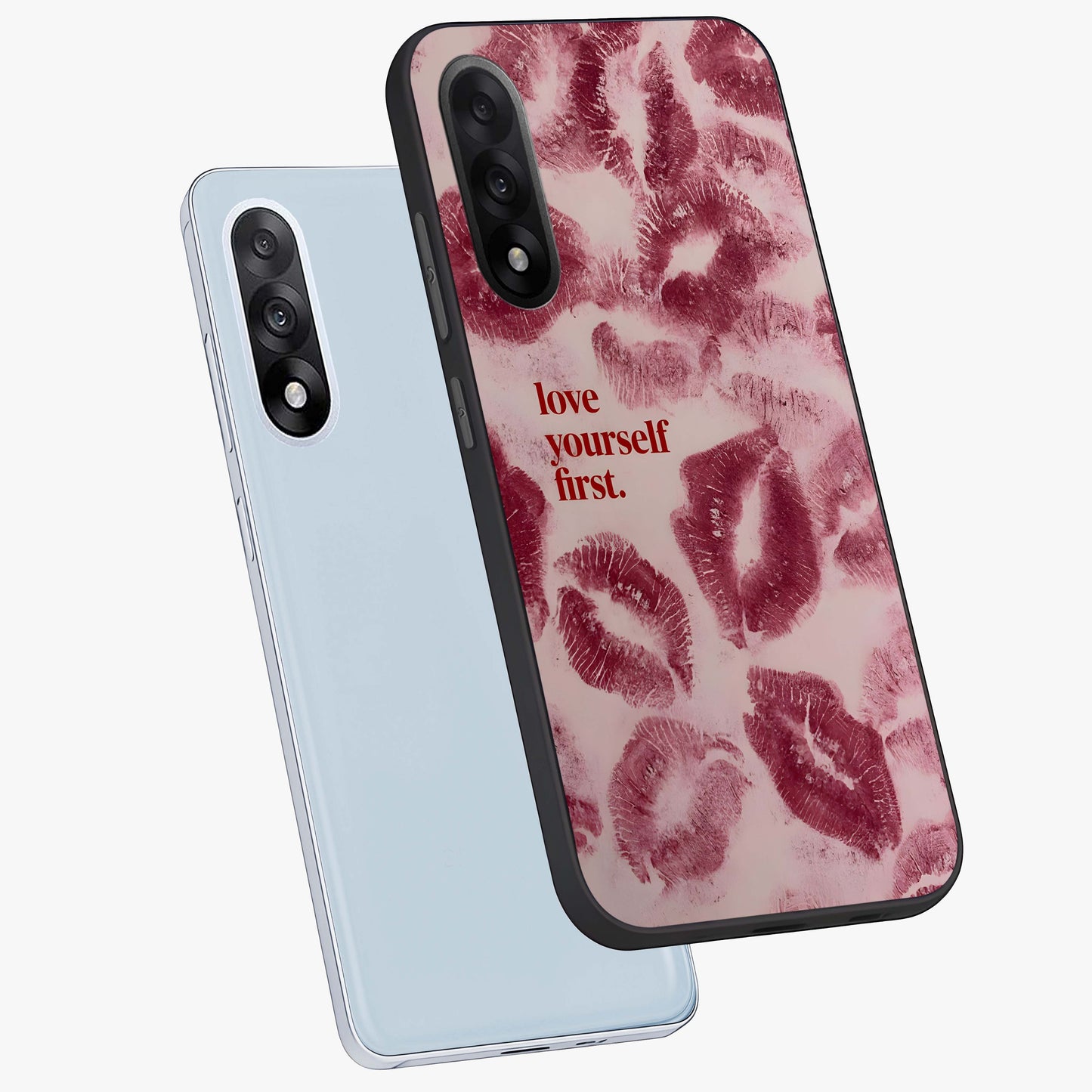 Crimson Kiss Love Glass Case for 1+Nord 5 angled mockup showcasing glossy glass finish and rich red tones