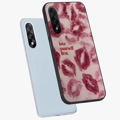 Crimson Kiss Love Glass Case for 1+Nord 5 angled mockup showcasing glossy glass finish and rich red tones