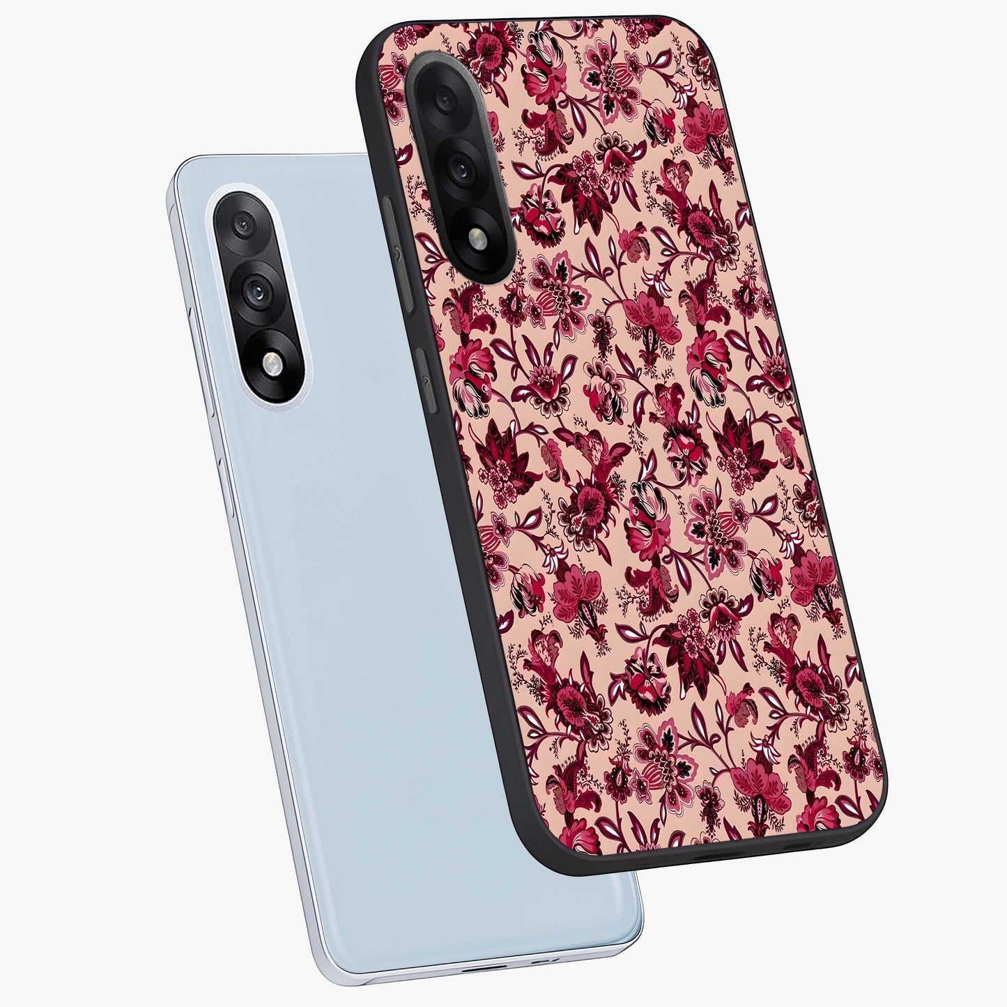 Crimson Rose Charm Glass Case for 1+Nord 5 angled mockup showcasing glossy finish and romantic floral detailing