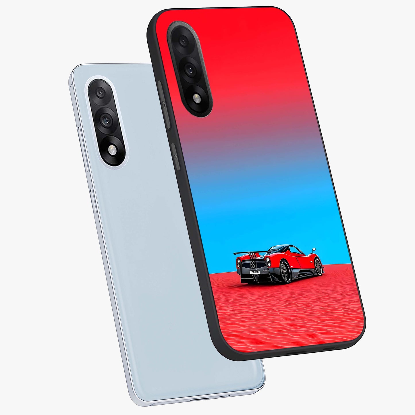 Crimson Speed Mirage Glass Case for 1+Nord 5 angled mockup showcasing glossy finish and dynamic speed detailing