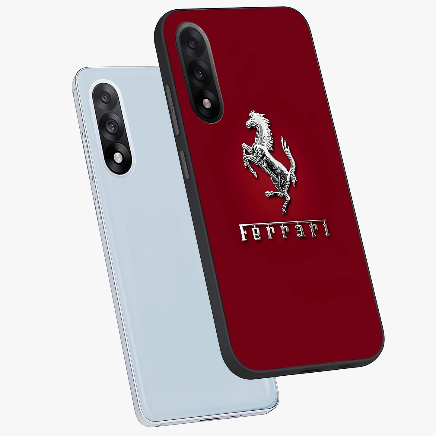 Crimson Stallion Prestige Glass Case for 1+Nord 5 angled mockup showcasing glossy finish and bold equestrian detailing