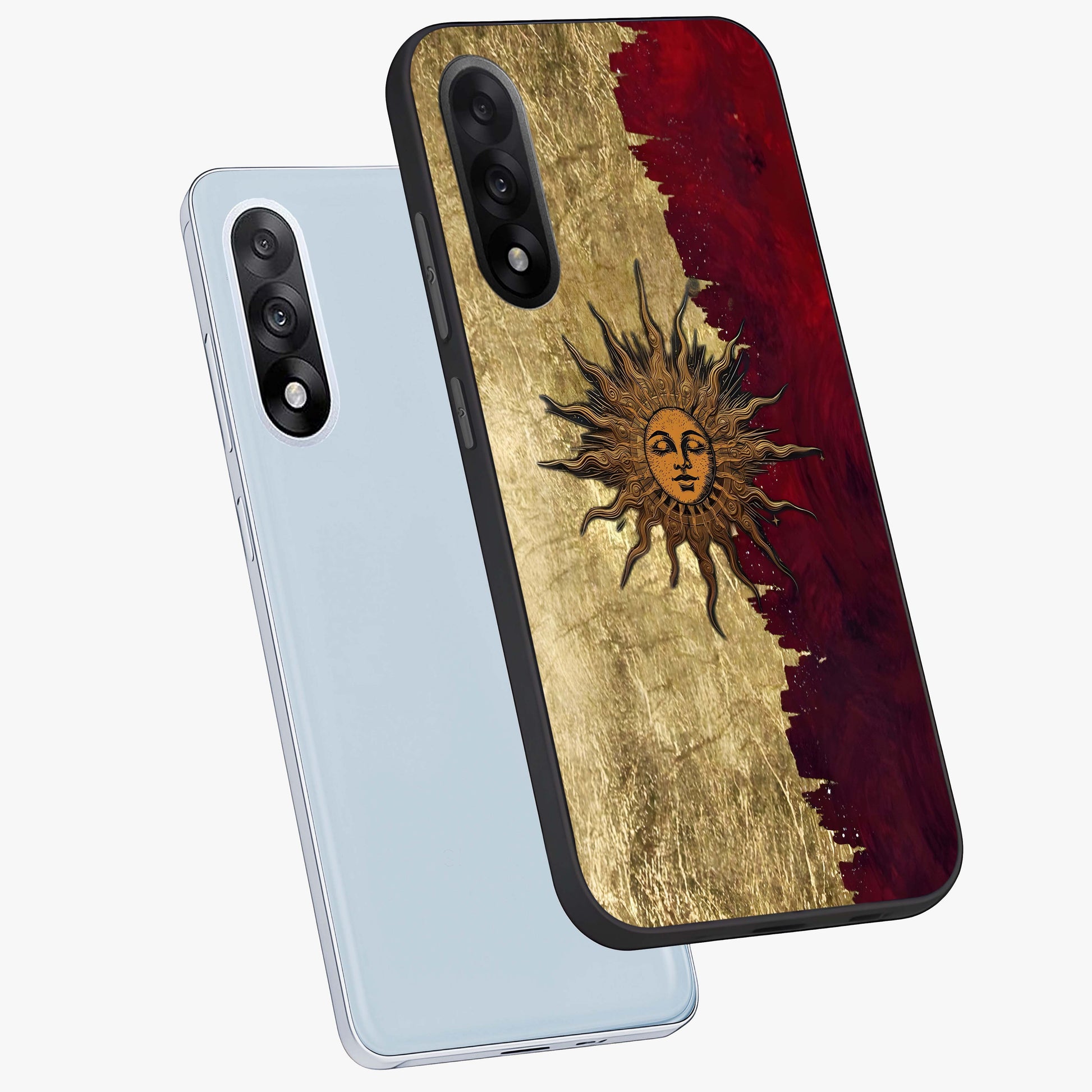 Crimson Sun Majesty Glass Case for 1+Nord 5 angled mockup showcasing glossy finish and majestic celestial tones