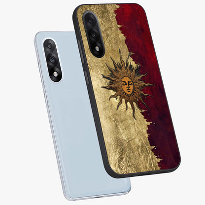 Crimson Sun Majesty Glass Case for 1+Nord 5 angled mockup showcasing glossy finish and majestic celestial tones