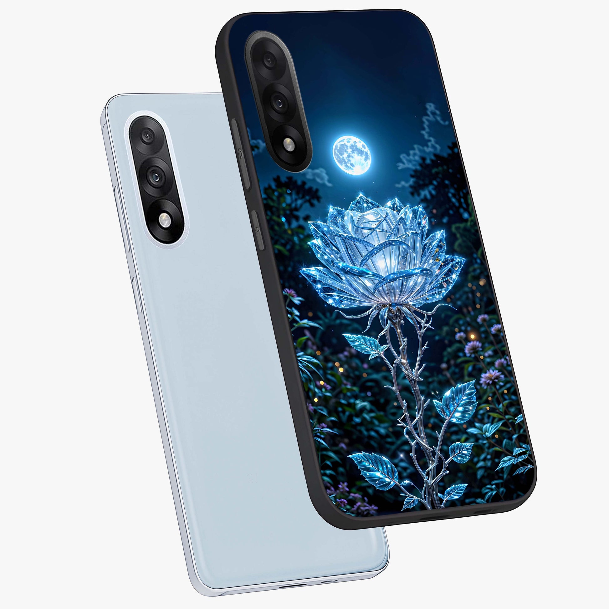Crystal Moon Lotus Glass Case for 1+Nord 5 angled mockup showcasing glossy glass finish and luminous floral detailing