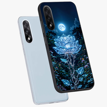 Crystal Moon Lotus Glass Case for 1+Nord 5 angled mockup showcasing glossy glass finish and luminous floral detailing